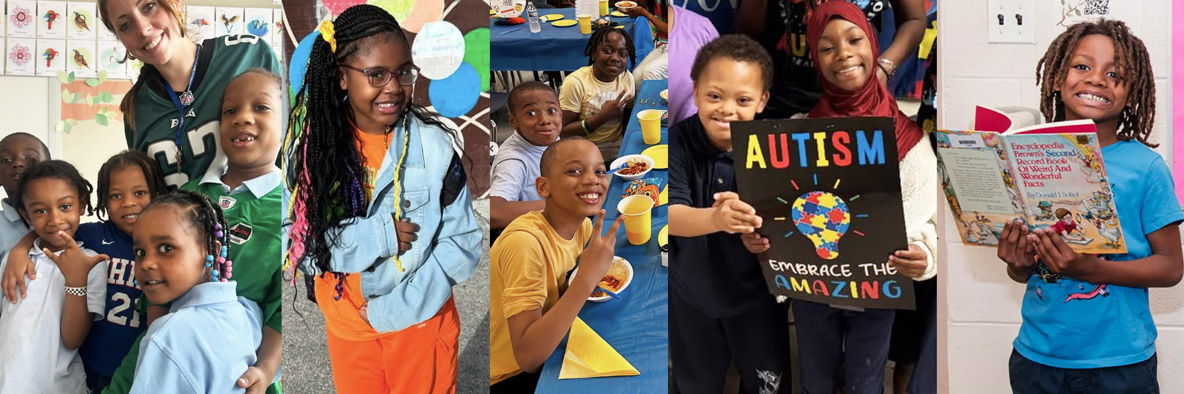 Students at Morton McMichael School smile, read, and participate in classroom and community activities, highlighting a diverse and engaging learning environment.