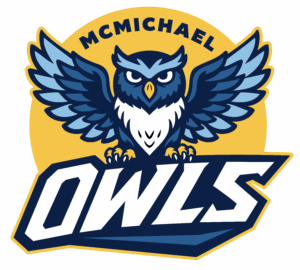 Morton McMichael School logo featuring a blue owl with outstretched wings above the word "Owls," set against a gold background, representing the Mantua neighborhood school in West Philadelphia.