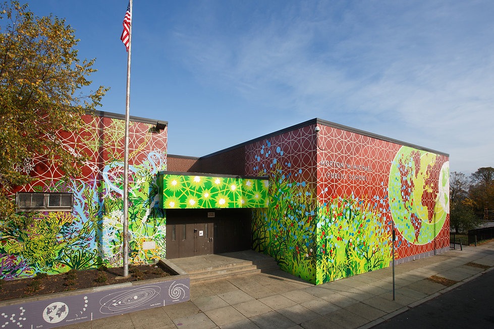 Exterior of Morton McMichael School in West Philadelphia featuring a colorful mural on the building and an American flag in front of the entrance.